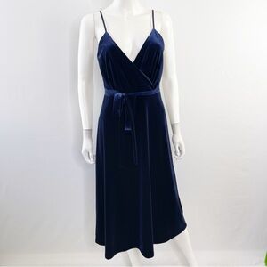 Ali & Jay Navy Blue Velvet Midi Dress Size S V-Neck Faux Wrap Holiday Party